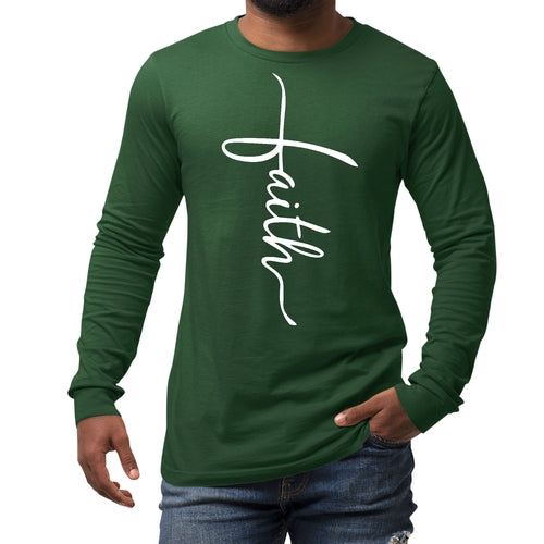 Mens Long Sleeve Graphic T-shirt - Faith Script Cross Illustration