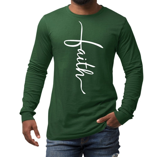 Mens Long Sleeve Graphic T-shirt - Faith Script Cross Illustration