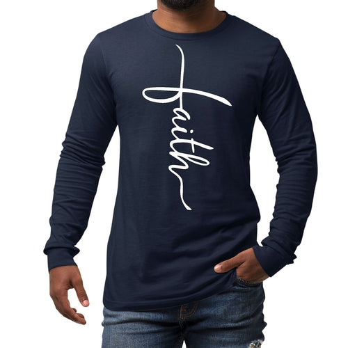 Mens Long Sleeve Graphic T-shirt - Faith Script Cross Illustration