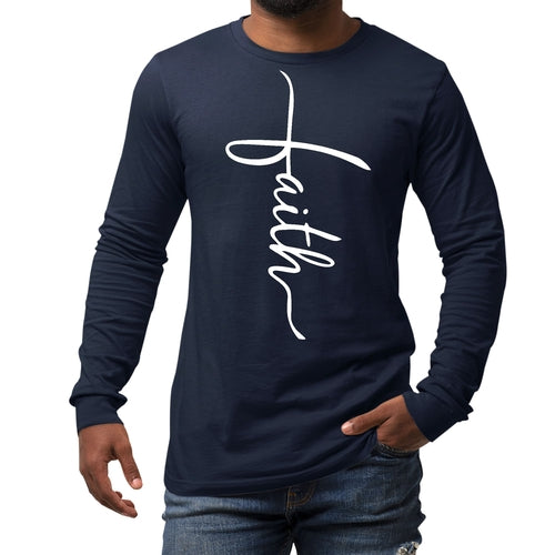 Mens Long Sleeve Graphic T-shirt - Faith Script Cross Illustration