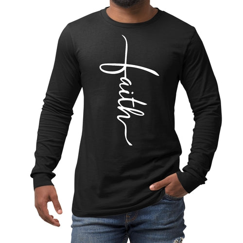 Mens Long Sleeve Graphic T-shirt - Faith Script Cross Illustration