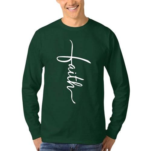Mens Long Sleeve Graphic T-shirt - Faith Script Cross Illustration