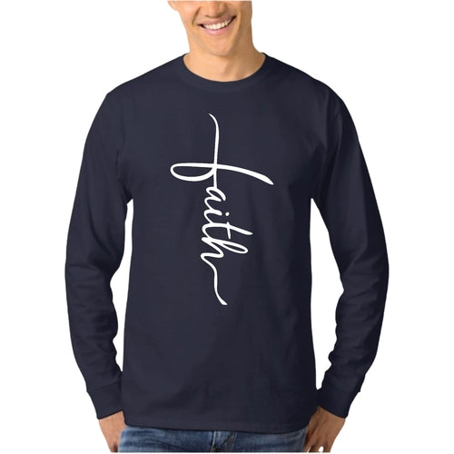Mens Long Sleeve Graphic T-shirt - Faith Script Cross Illustration