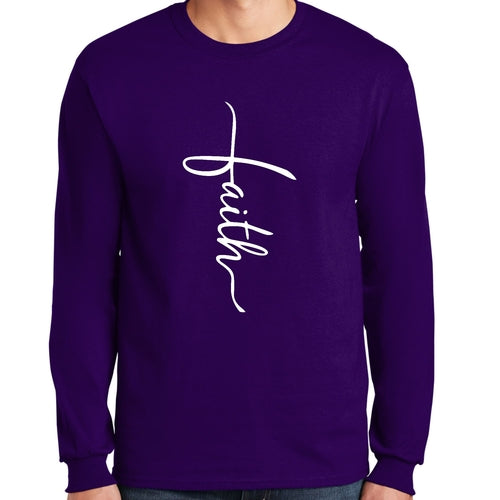 Mens Long Sleeve Graphic T-shirt - Faith Script Cross Illustration