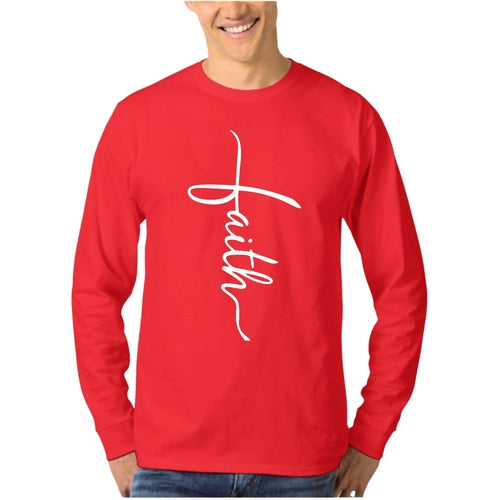 Mens Long Sleeve Graphic T-shirt - Faith Script Cross Illustration
