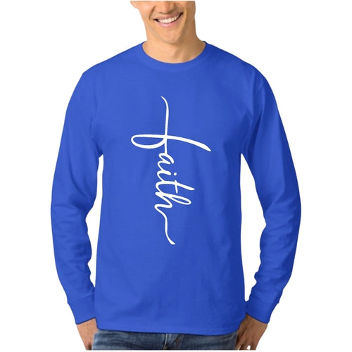 Mens Long Sleeve Graphic T-shirt - Faith Script Cross Illustration