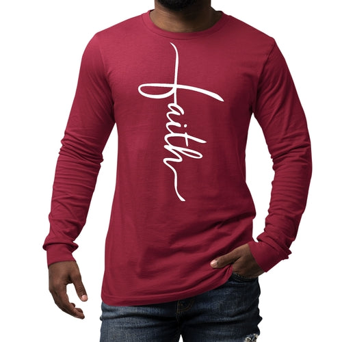 Mens Long Sleeve Graphic T-shirt - Faith Script Cross Illustration