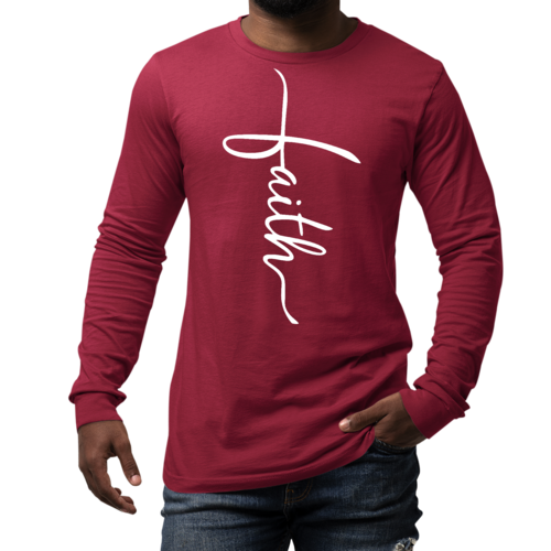 Mens Long Sleeve Graphic T-shirt - Faith Script Cross Illustration