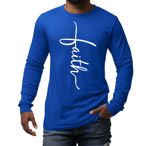 Mens Long Sleeve Graphic T-shirt - Faith Script Cross Illustration