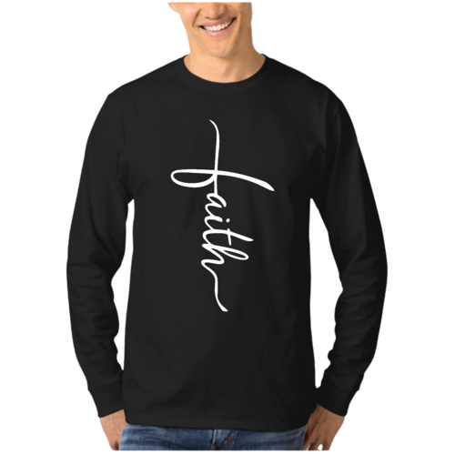 Mens Long Sleeve Graphic T-shirt - Faith Script Cross Illustration