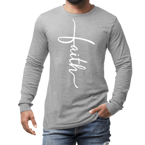 Mens Long Sleeve Graphic T-shirt - Faith Script Cross Illustration