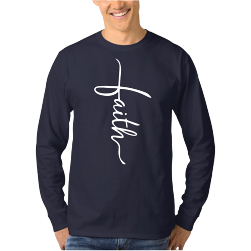 Mens Long Sleeve Graphic T-shirt - Faith Script Cross Illustration