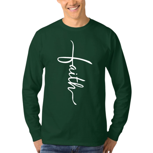 Mens Long Sleeve Graphic T-shirt - Faith Script Cross Illustration