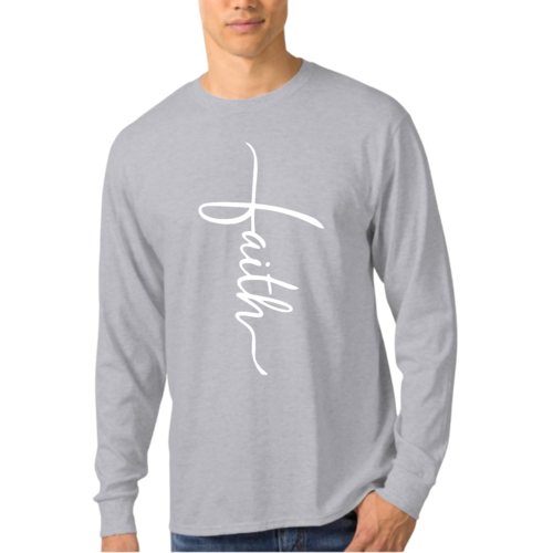Mens Long Sleeve Graphic T-shirt - Faith Script Cross Illustration
