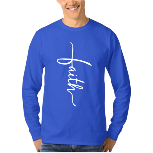 Mens Long Sleeve Graphic T-shirt - Faith Script Cross Illustration