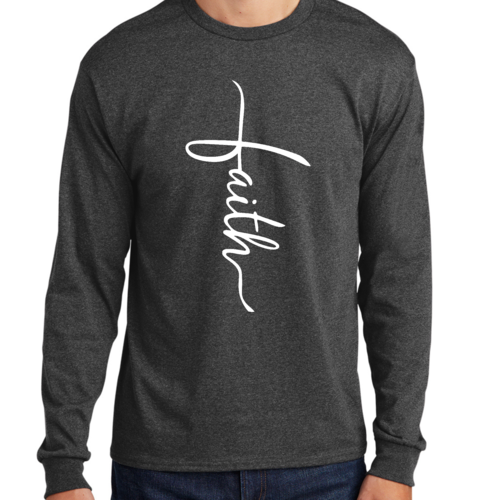 Mens Long Sleeve Graphic T-shirt - Faith Script Cross Illustration